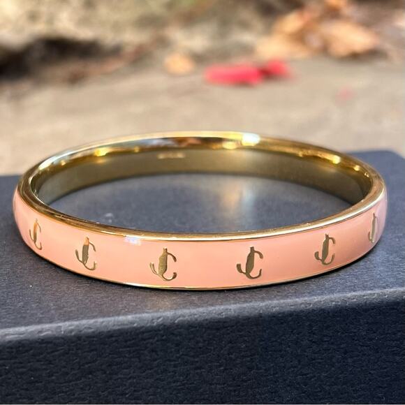 NEW Size Large Jimmy Choo Gold Metal Blossom Pink Enamel JC Logo Bangle Bracelet - Picture 2 of 6